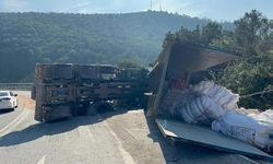 Bariyerleri aşan kamyon devrildi!