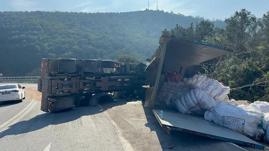 Bariyerleri aşan kamyon devrildi!